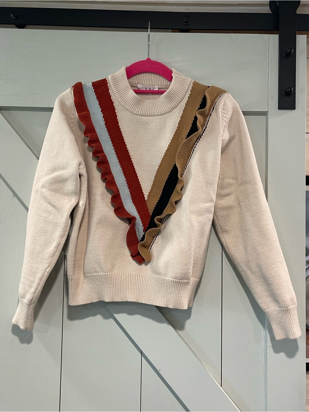 THML Cream Crewneck Sweater with Multicolor V Ruffle